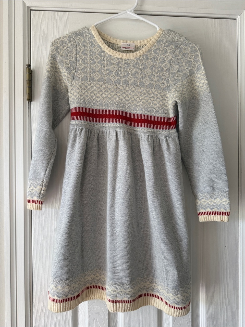 Hanna Andersson Grey Knit Dress with Cream Fair Isle and Red Waist Stripe